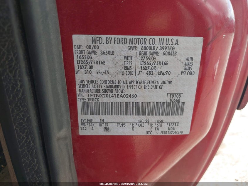 2001 Ford F-250 VIN 1FTNX20L41EA02460 IAAI salvage auction — FRONT END, Salvage (Texas), sold $525 on 2026-07-09 (photo 9)