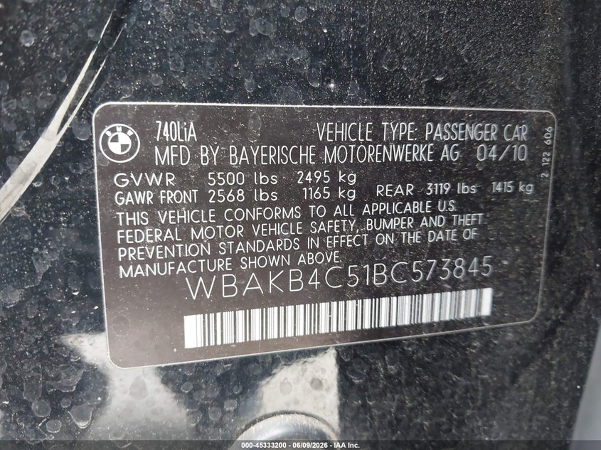 2011 BMW 7 series VIN WBAKB4C51BC573845 IAAI salvage auction — RIGHT SIDE, Salvage (Texas), sold $500 on 2026-07-16 (photo 9)