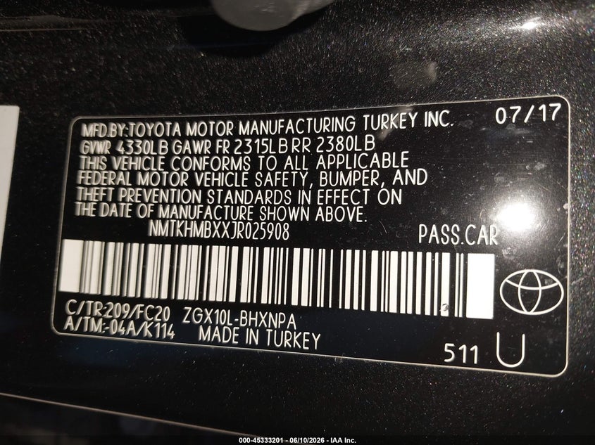 2018 Toyota C-hr VIN NMTKHMBXXJR025908 IAAI salvage auction — REAR END, Salvage (Pennsylvania), sold $4,250 on 2026-07-10 (photo 9)