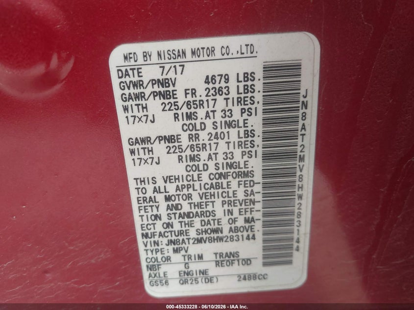 2017 Nissan Rogue VIN JN8AT2MV8HW283144 IAAI salvage auction — RIGHT FRONT, Salvage (Ohio), sold $1,300 on 2026-07-07 (photo 9)