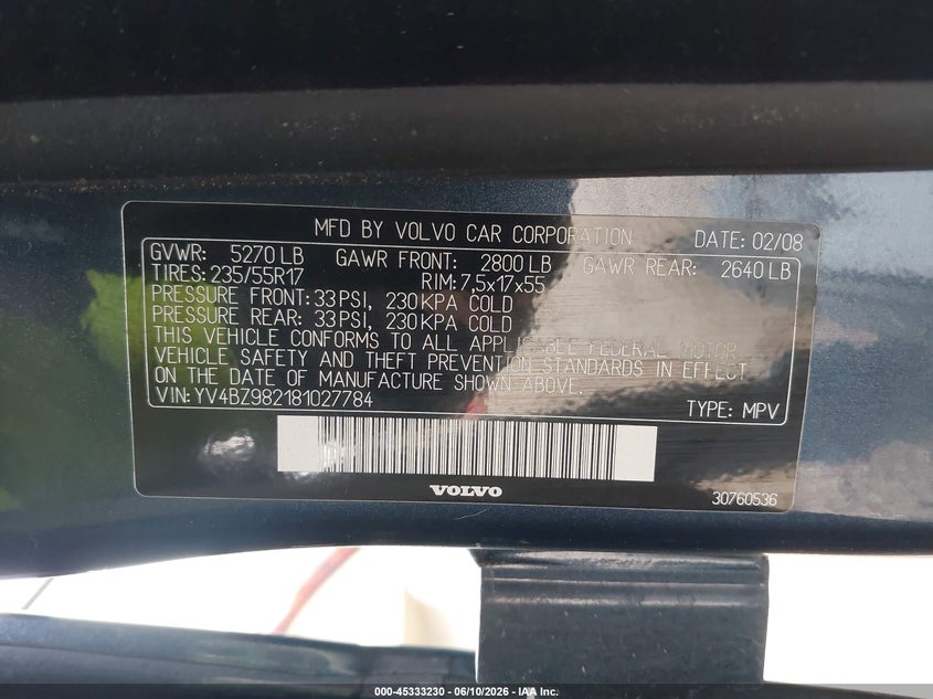 2008 Volvo Xc70 VIN YV4BZ982181027784 IAAI salvage auction — FRONT END, Clear (Montana), sold $450 on 2026-08-19 (photo 9)
