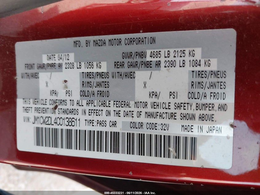 2012 Mazda 5 VIN JM1CW2DL4C0138611 IAAI salvage auction — REAR END, Salvage Title, sold $425 on 2026-07-14 (photo 9)