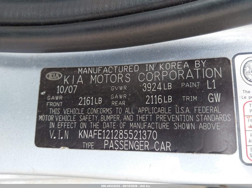 2008 Kia Spectra VIN KNAFE121285521370 IAAI salvage auction — LEFT REAR, Salvage (Massachusetts), sold $400 on 2026-07-17 (photo 9)