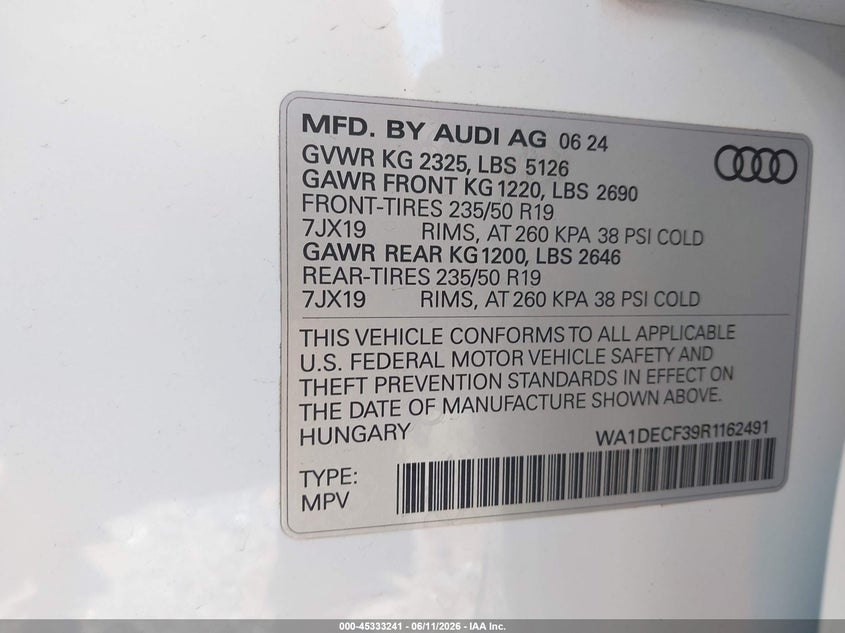 2024 Audi Q3 VIN WA1DECF39R1162491 IAAI salvage auction — HAIL, Salvage (Missouri), sold $16,100 on 2026-07-30 (photo 9)