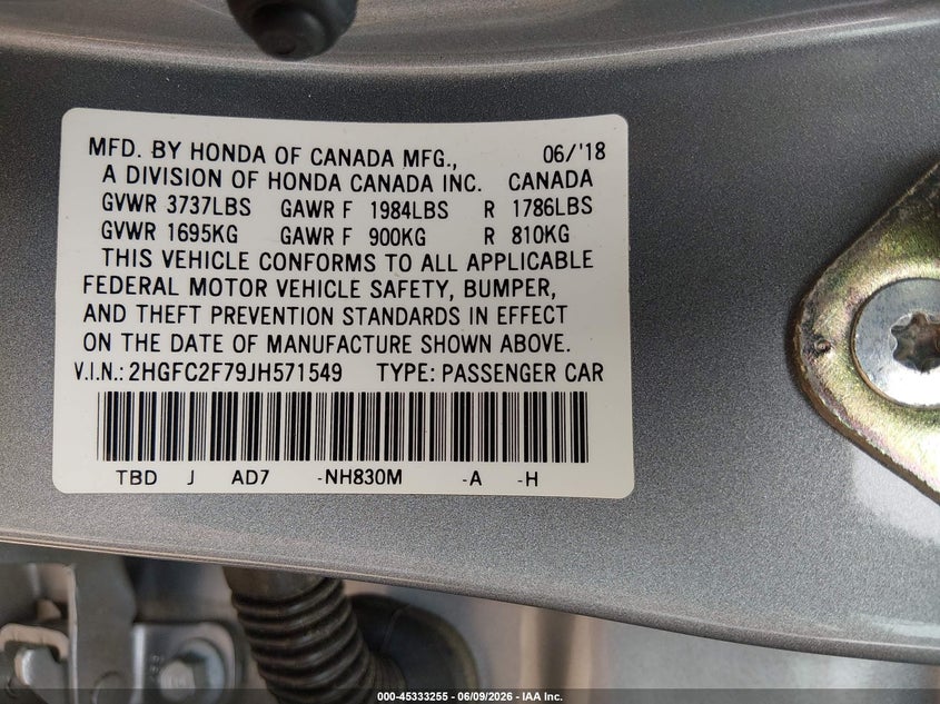 2018 Honda Civic VIN 2HGFC2F79JH571549 IAAI salvage auction — SIDE, Salvage Title, sold $3,100 on 2026-07-23 (photo 9)