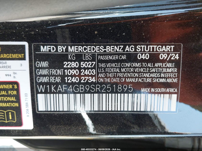 2025 Mercedes-benz C-klasse VIN W1KAF4GB9SR251895 IAAI salvage auction — ROLLOVER, Salvage Title, sold $7,500 on 2026-07-21 (photo 9)