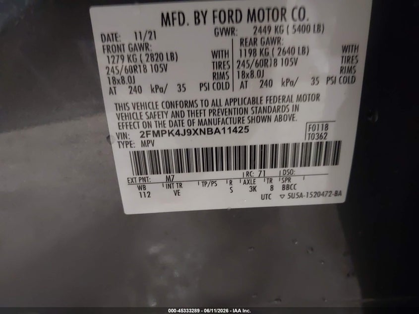 2022 Ford Edge VIN 2FMPK4J9XNBA11425 IAAI salvage auction — FRONT END, Salvage Title, sold $7,300 on 2026-07-26 (photo 9)