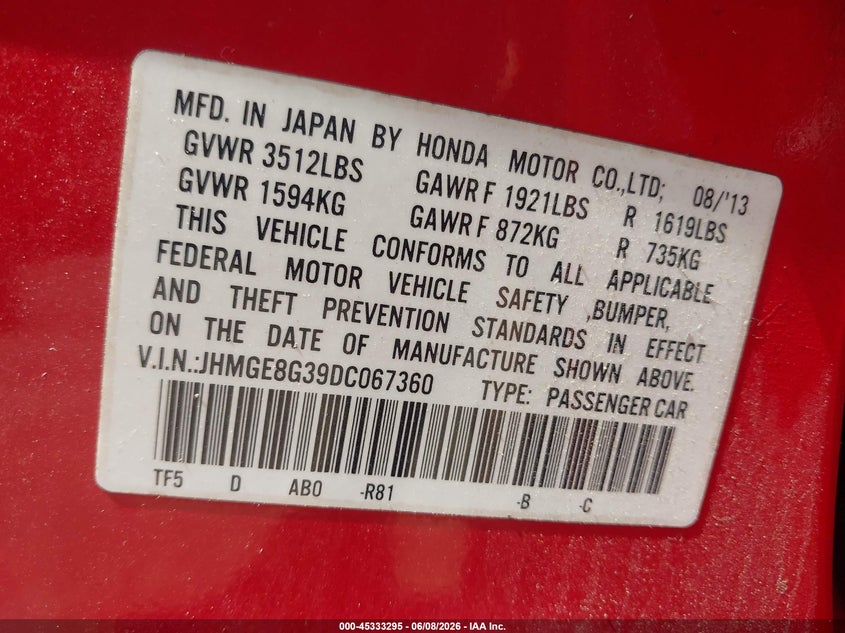 2013 Honda Fit VIN JHMGE8G39DC067360 IAAI salvage auction — FRONT END, Salvage Title, sold $1,375 on 2026-07-07 (photo 9)