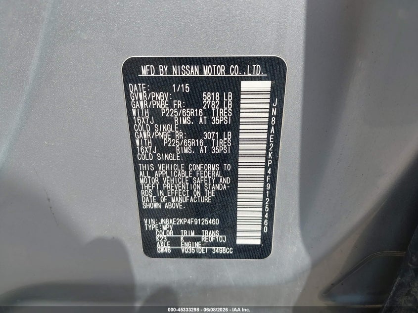2015 Nissan Quest VIN JN8AE2KP4F9125460 IAAI salvage auction — ALL OVER, Clear (Michigan), sold $550 on 2026-07-20 (photo 9)