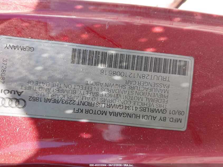 2002 Audi Tt VIN TRUUT28N121008518 IAAI salvage auction — ALL OVER, Original (Texas), sold $275 on 2026-07-13 (photo 9)