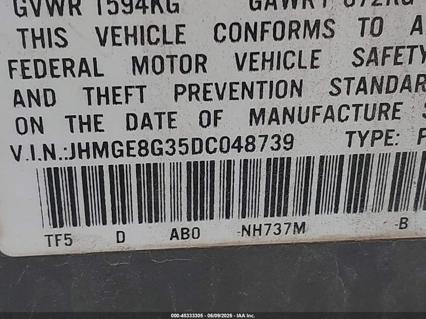 2013 Honda Fit VIN JHMGE8G35DC048739 IAAI salvage auction — FRONT END, Salvage Title, sold $425 on 2026-07-07 (photo 9)