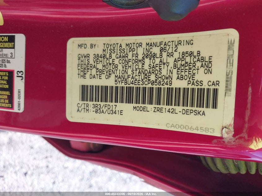 2012 Toyota Corolla VIN 5YFBU4EE3CP058249 IAAI salvage auction — SIDE, Salvage (Mississippi), sold $1,500 on 2026-07-16 (photo 9)