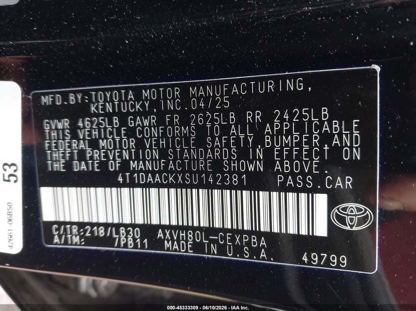 2025 Toyota Camry VIN 4T1DAACKXSU142381 IAAI salvage auction — REAR END, Salvage (Virginia), sold $16,900 on 2026-07-05 (photo 9)