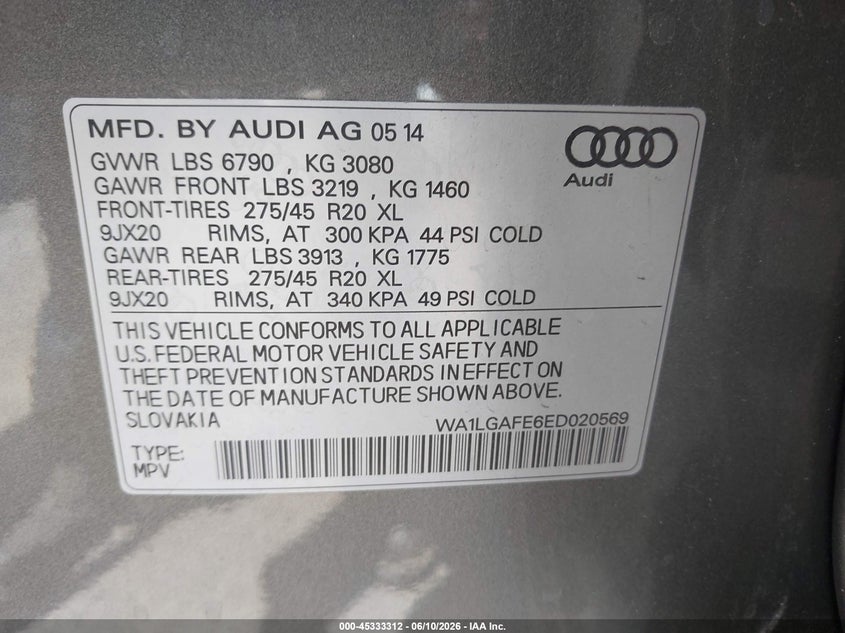 2014 Audi Q7 VIN WA1LGAFE6ED020569 IAAI salvage auction — FRONT END, Salvage (California), sold $2,250 on 2026-07-29 (photo 9)
