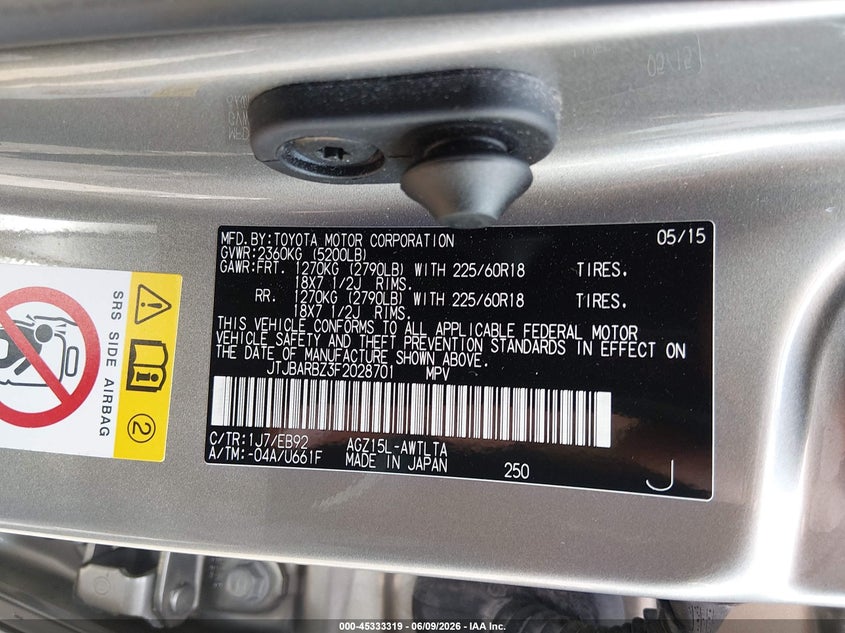 2015 Lexus Nx VIN JTJBARBZ3F2028701 IAAI salvage auction — RIGHT FRONT, Salvage (Illinois), sold $7,400 on 2026-07-29 (photo 9)