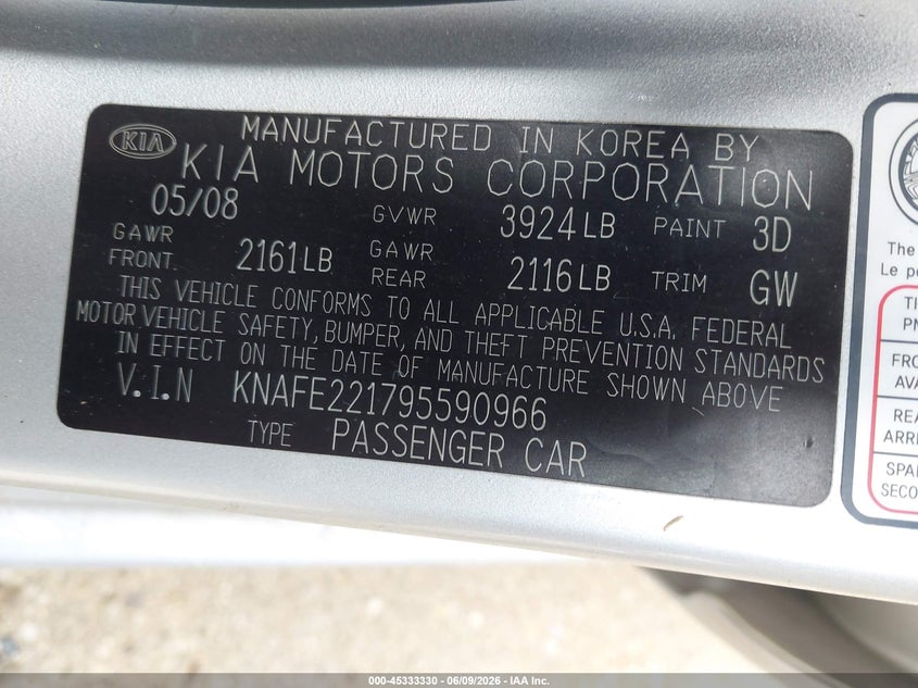 2009 Kia Spectra VIN KNAFE221795590966 IAAI salvage auction — LEFT FRONT, Salvage (Illinois), sold $675 on 2026-07-09 (photo 9)