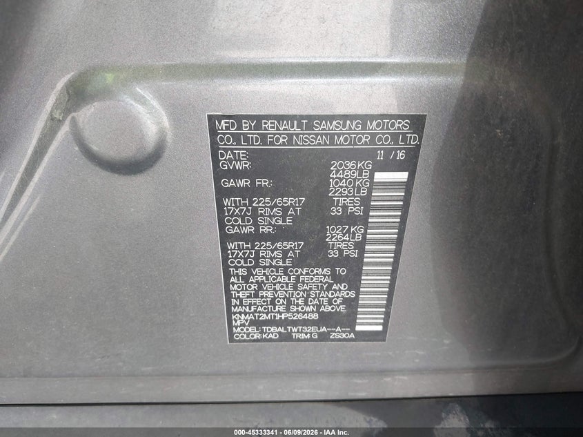 2017 Nissan Rogue VIN KNMAT2MT1HP526488 IAAI salvage auction — RIGHT SIDE, Salvage Title, sold $3,275 on 2026-07-15 (photo 9)