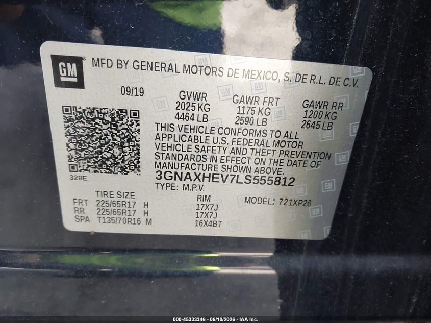 2020 Chevrolet Equinox VIN 3GNAXHEV7LS555812 IAAI salvage auction — REAR END, Salvage (North Carolina), sold $3,000 on 2026-08-01 (photo 9)