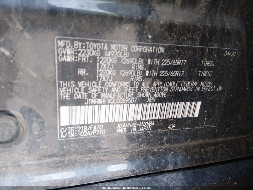 2020 Toyota Rav 4 VIN JTMRWRFV0LD069507 IAAI salvage auction — LEFT FRONT, Salvage Title, sold $9,600 on 2026-07-14 (photo 9)