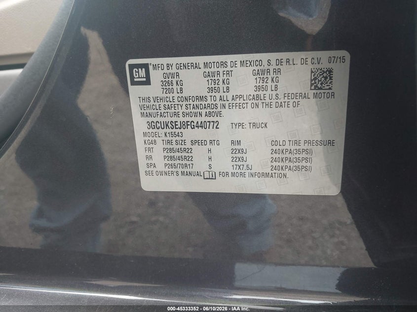 2015 Chevrolet Silverado VIN 3GCUKSEJ8FG440772 IAAI salvage auction — REAR END, Clear (South Carolina), sold $3,900 on 2026-07-18 (photo 9)