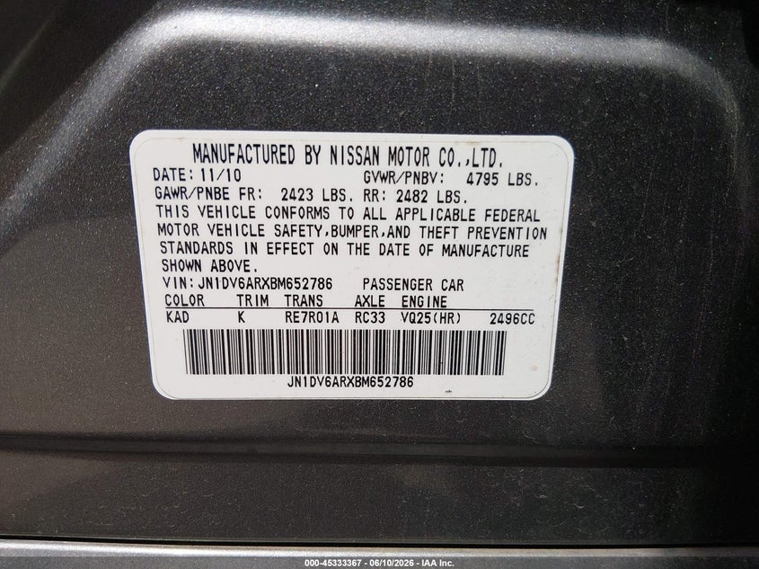 2011 Infiniti G VIN JN1DV6ARXBM652786 IAAI salvage auction — FRONT END, Salvage (Ohio), sold $575 on 2026-07-12 (photo 9)