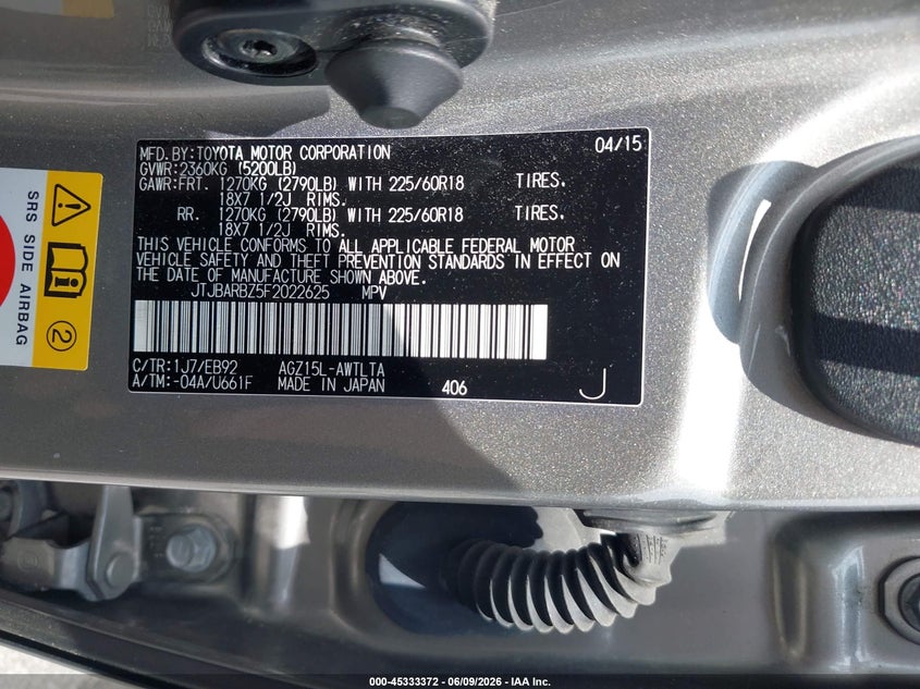 2015 Lexus Nx VIN JTJBARBZ5F2022625 IAAI salvage auction — LEFT FRONT, Clear (Indiana), sold $5,950 on 2026-07-30 (photo 9)