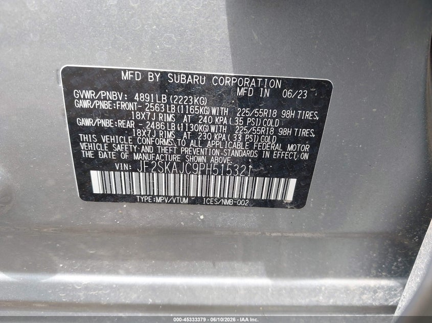 2023 Subaru Forester VIN JF2SKAJC9PH515321 IAAI salvage auction — FRONT END, Salvage Title, sold $5,700 on 2026-07-28 (photo 9)