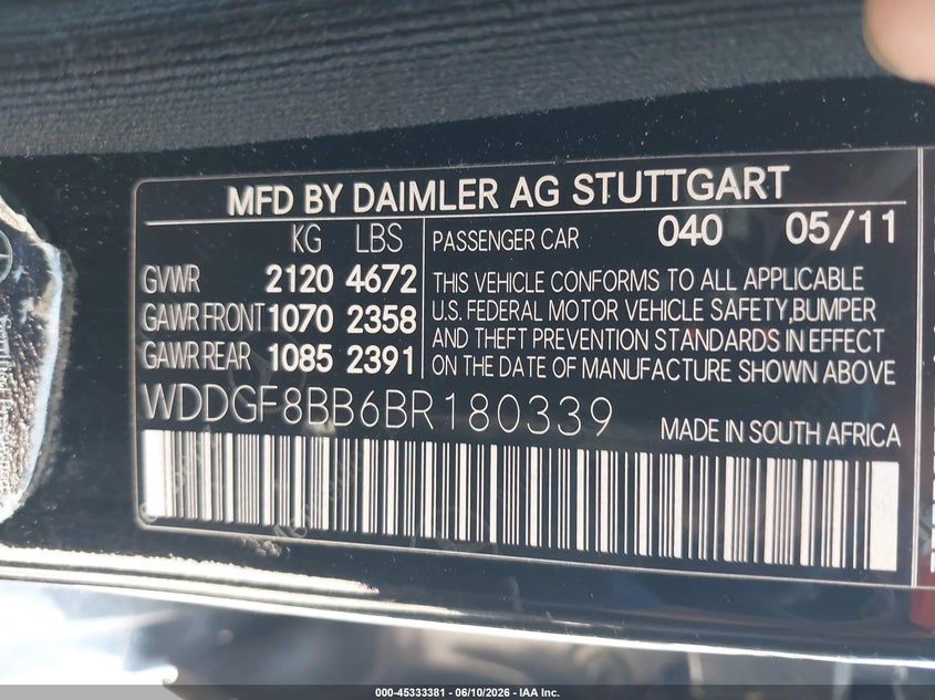 2011 Mercedes-benz C-klasse VIN WDDGF8BB6BR180339 IAAI salvage auction — REAR END, Clear (Massachusetts), sold $1,050 on 2026-07-19 (photo 9)