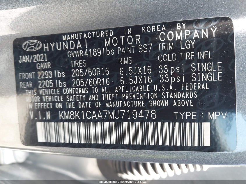 2021 Hyundai Kona VIN KM8K1CAA7MU719478 IAAI salvage auction — REAR END, Salvage Title, sold $4,400 on 2026-07-16 (photo 9)