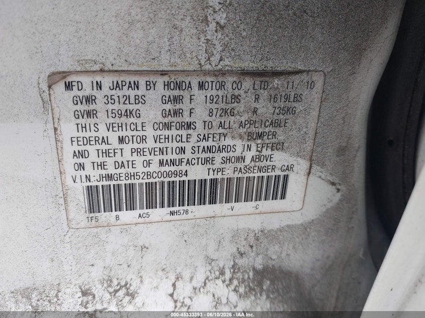 2011 Honda Fit VIN JHMGE8H52BC000984 IAAI salvage auction — FRONT END, Salvage (North Carolina), sold $1,000 on 2026-07-09 (photo 9)