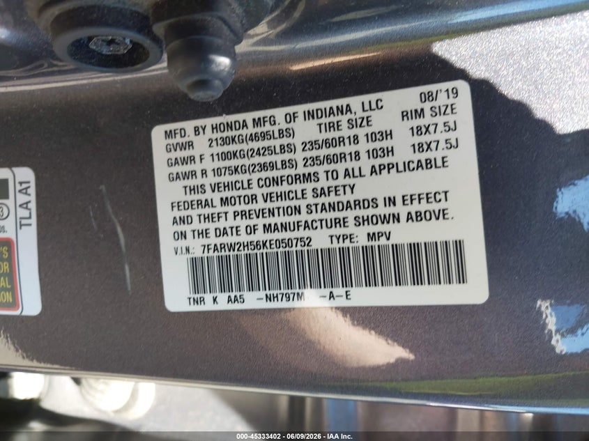 2019 Honda Cr-v VIN 7FARW2H56KE050752 IAAI salvage auction — ROOF, Salvage Title, sold $7,500 on 2026-07-30 (photo 9)