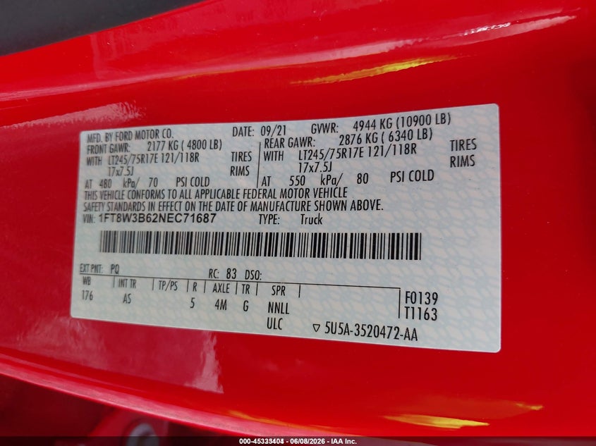2022 Ford F-350 VIN 1FT8W3B62NEC71687 IAAI salvage auction — NORMAL WEAR, Sf97 (New York), sold $9,900 on 2026-07-23 (photo 9)