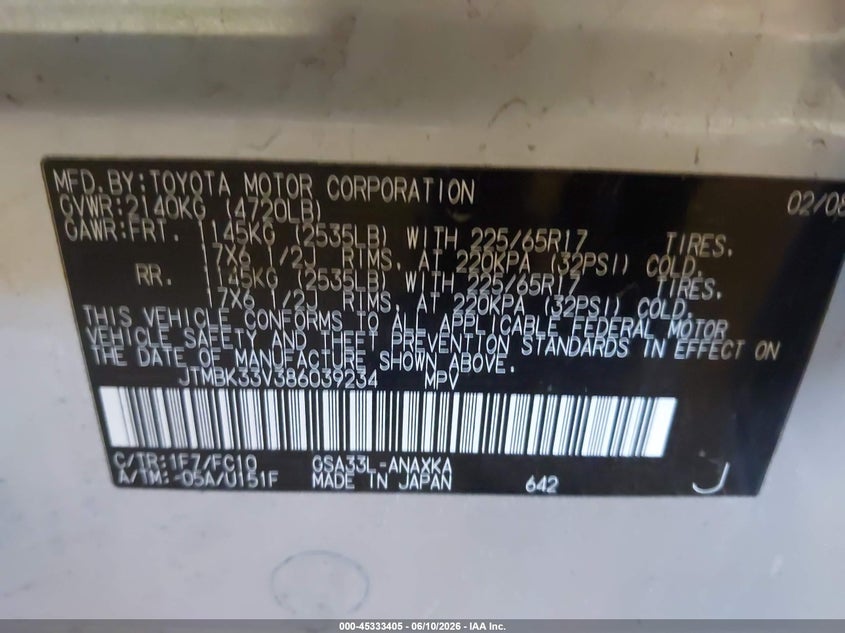 2008 Toyota Rav 4 VIN JTMBK33V386039234 IAAI salvage auction — NORMAL WEAR, Clear (Minnesota), sold $625 on 2026-07-22 (photo 9)