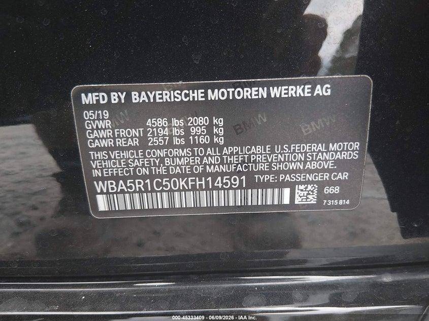2019 BMW 3er VIN WBA5R1C50KFH14591 IAAI salvage auction — REAR END, Salvage Title, sold $6,400 on 2026-07-28 (photo 9)