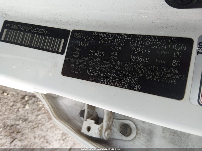 2012 Kia Forte VIN KNAFT4A2XC5553655 IAAI salvage auction — LEFT FRONT, Salvage Title, sold $950 on 2026-07-16 (photo 9)