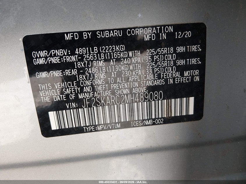 2021 Subaru Forester VIN JF2SKARC2MH489080 IAAI salvage auction — FRONT END, Salvage Title, sold $3,150 on 2026-07-12 (photo 9)
