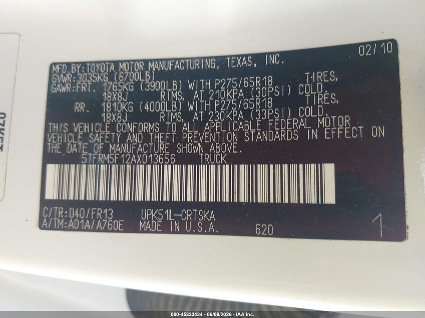 2010 Toyota Tundra VIN 5TFRM5F12AX013656 IAAI salvage auction — NORMAL WEAR, Clear (Mississippi), sold $2,650 on 2026-07-15 (photo 9)