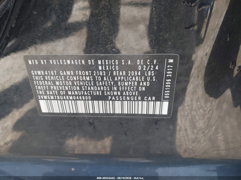 2024 Volkswagen Jetta VIN 3VW5M7BU4RM046800 IAAI salvage auction — HAIL, Salvage (Iowa), sold $10,300 on 2026-07-28 (photo 9)