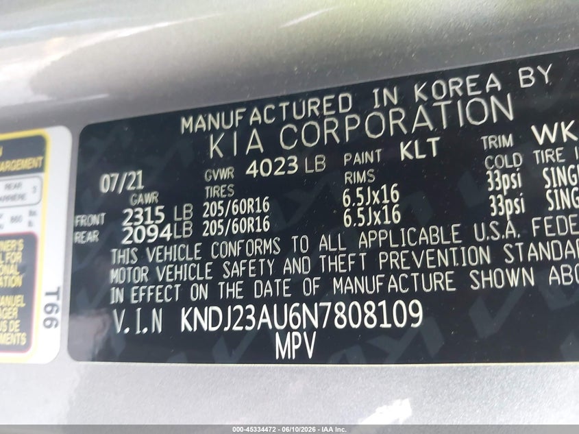 2022 Kia Soul VIN KNDJ23AU6N7808109 IAAI salvage auction — FRONT END, Salvage Title, sold $2,100 on 2026-08-02 (photo 9)