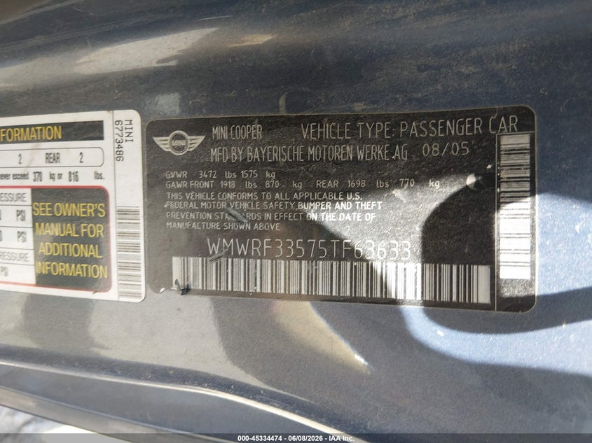 2005 Mini Cooper VIN WMWRF33575TF63633 IAAI salvage auction — NORMAL WEAR, Original (Maine), sold $300 on 2026-07-13 (photo 9)