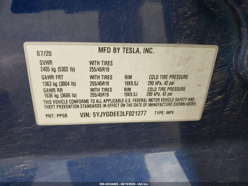 2020 Tesla Model y VIN 5YJYGDEE3LF021277 IAAI salvage auction — FRONT END, Salvage (Ohio), sold $8,200 on 2026-07-31 (photo 9)
