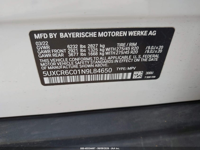2022 BMW X5 VIN 5UXCR6C01N9L84650 IAAI salvage auction — FRONT & REAR, Salvage Title, sold $27,900 on 2026-07-07 (photo 9)