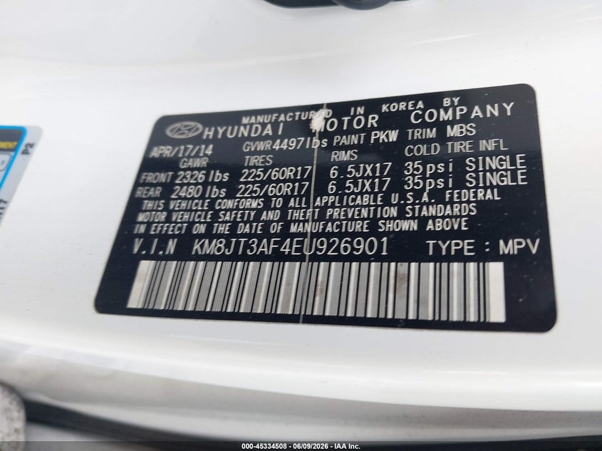 2014 Hyundai Tucson VIN KM8JT3AF4EU926901 IAAI salvage auction — FRONT END, Rebuildable (Florida), sold $1,500 on 2026-07-27 (photo 9)