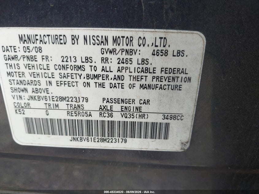 2008 Infiniti G VIN JNKBV61E28M223179 IAAI salvage auction — NORMAL WEAR, Original (Texas), sold $350 on 2026-07-06 (photo 9)