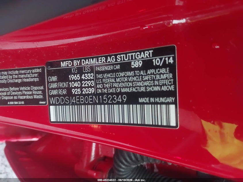 2014 Mercedes-benz Cla-klasse VIN WDDSJ4EB0EN152349 IAAI salvage auction — REAR END, Rebuildable (Florida), sold $4,600 on 2026-07-14 (photo 9)