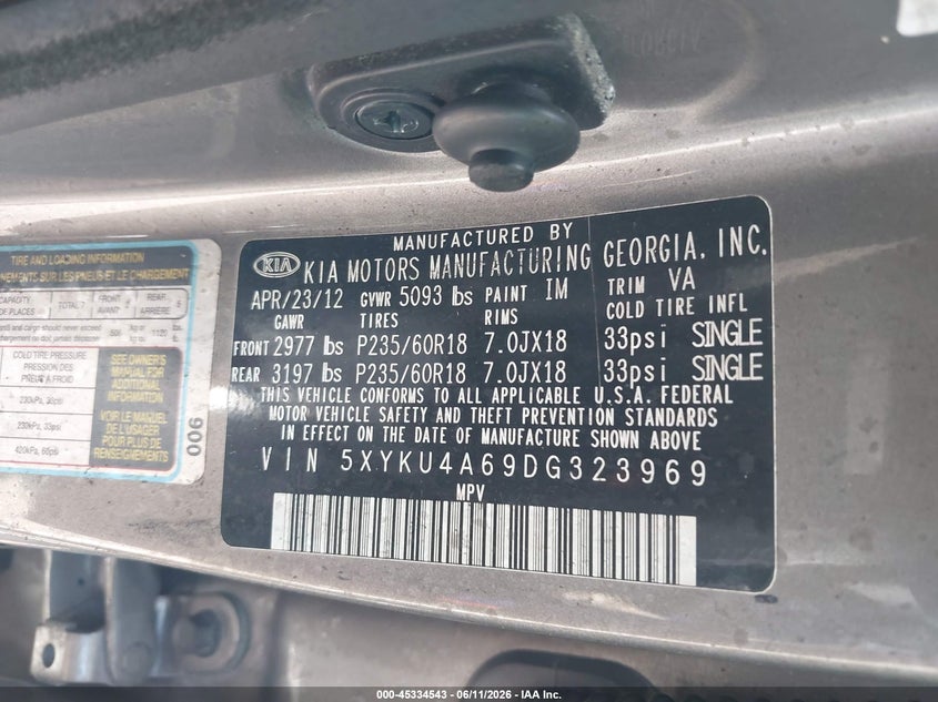 2013 Kia Sorento VIN 5XYKU4A69DG323969 IAAI salvage auction — BURN, Non-Repairable (Tennessee), sold $150 on 2026-07-14 (photo 9)