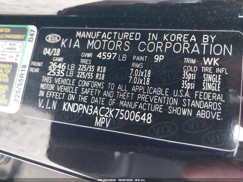 2019 Kia Sportage VIN KNDPN3AC2K7500648 IAAI salvage auction — REAR END, Salvage Title, sold $2,100 on 2026-07-17 (photo 9)