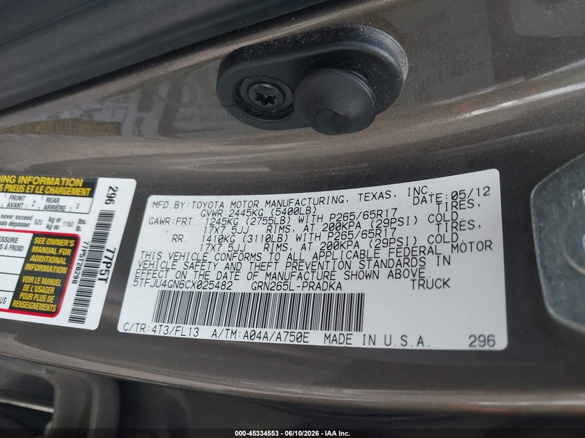 2012 Toyota Tacoma VIN 5TFJU4GN6CX025482 IAAI salvage auction — FRONT END, Salvage (South Carolina), sold $4,950 on 2026-07-14 (photo 9)