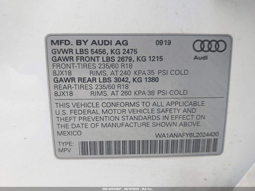 2020 Audi Q5 VIN WA1ANAFY6L2024430 IAAI salvage auction — FRONT & REAR, Certificate Of Destruction (Florida), sold $2,050 on 2026-07-22 (photo 9)