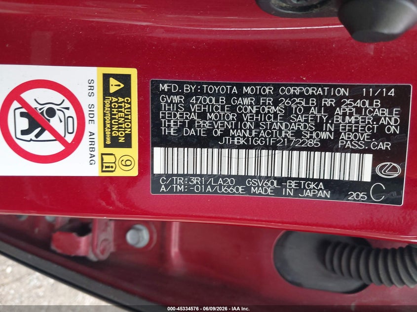 2015 Lexus ES VIN JTHBK1GG1F2172285 IAAI salvage auction — RIGHT REAR, Salvage Title, sold $4,275 on 2026-07-15 (photo 9)